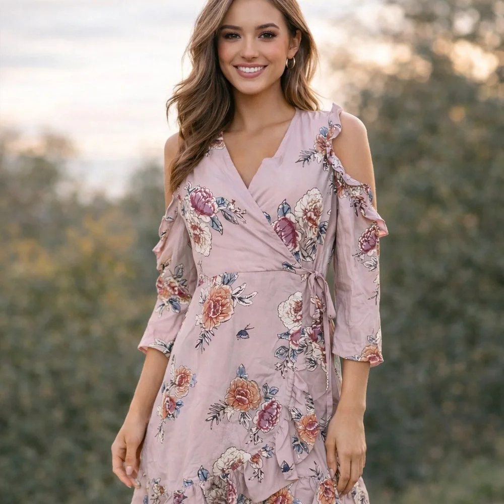 Romeo & Juliet Couture Y2K Coquette Pink Floral Cold Shoulder Wrap Dress